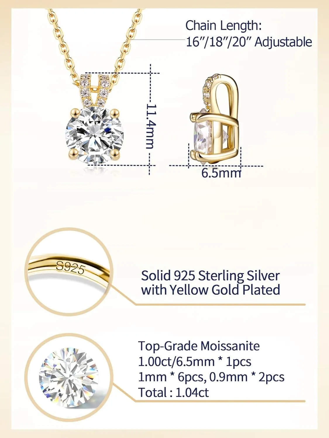 1-2 Carat Moissanite Cute Small Solitaire Necklace for Women, Round Cut/Heart Cut, Solid 925 Sterling Silver, 16"/18"/20" Adjustable Chain, Anniversary Mother's Day Valentines Gift