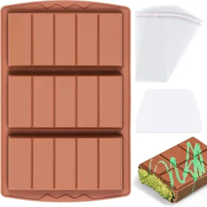 1 Pc Chocolate Bar Mold Deep Large Chocolate Molds Silicone Break Apart Thick Silicone Molds for Candy Bar, With 100 Pcs Bags and 1 Pc Scraper Set (5 Snap）