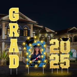 10 Pcs 2025 Graduation Yard Sign Class of 2025 Light up Congrats Grad Lawn Decoration with Photo Display DIY Grad Lighted Prom Party Yard Stakes Outdoor Decoration(Black Gold)