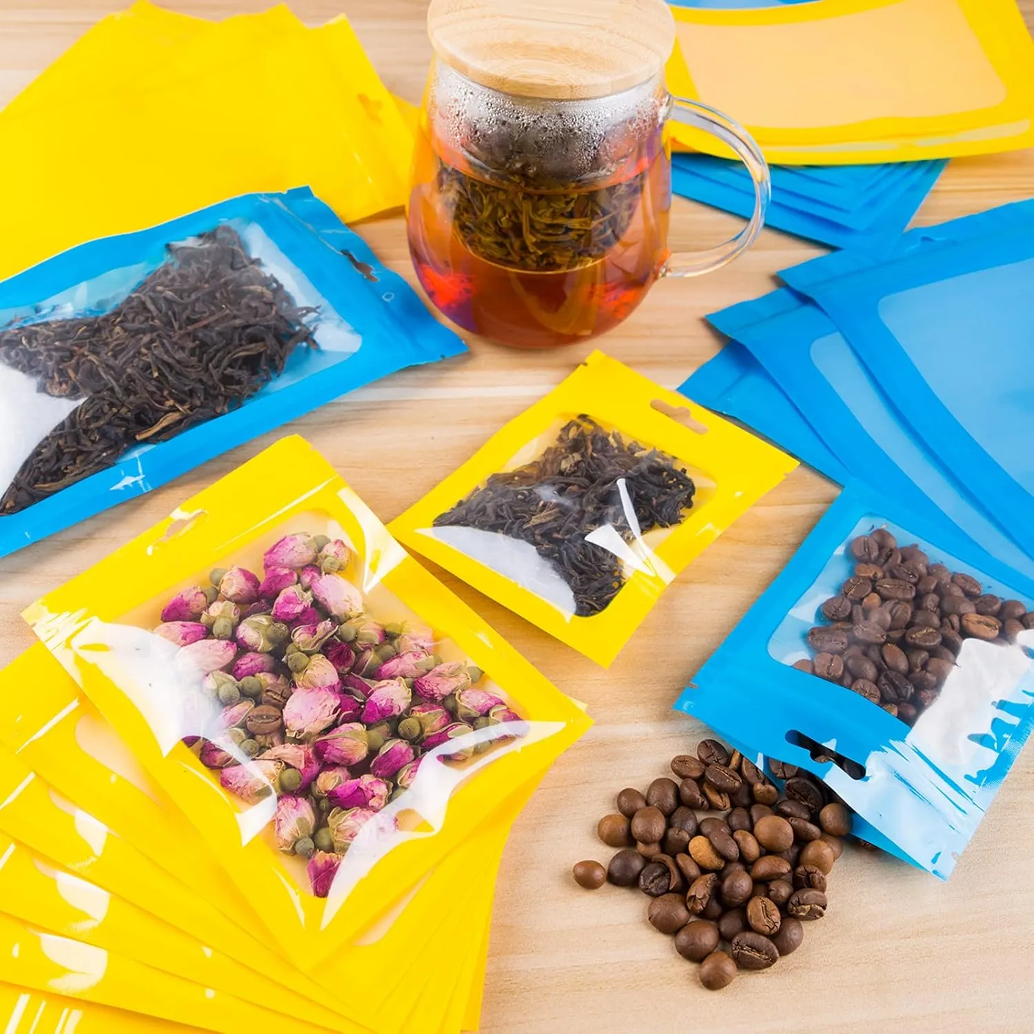 100 Pieces Resealable Mylar Ziplock Bags with Clear Window - 4.1x5.9 Inches Smell Proof Bag Coffee Beans Packaging Pouch for Food Self Sealing Storage Supplies Jewelry Electronics Party, Yellow