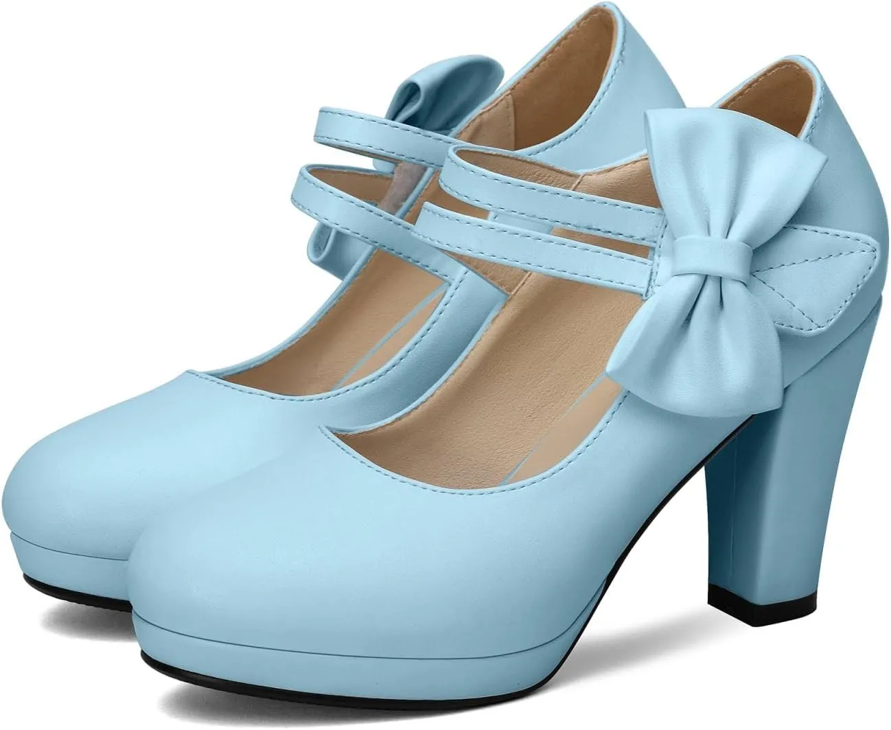 100FIXEO Chic Block High Heel Mary Jane Shoes Women Heels and Pumps Ladies Sweet Ankle Strap Dress Pumps Hook and Loop Bow Heels Closed Toe