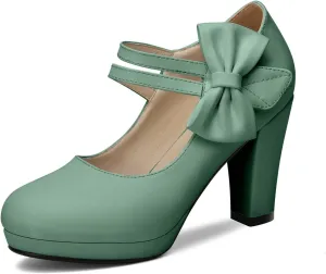 100FIXEO Chic Block High Heel Mary Jane Shoes Women Heels and Pumps Ladies Sweet Ankle Strap Dress Pumps Hook and Loop Bow Heels Closed Toe