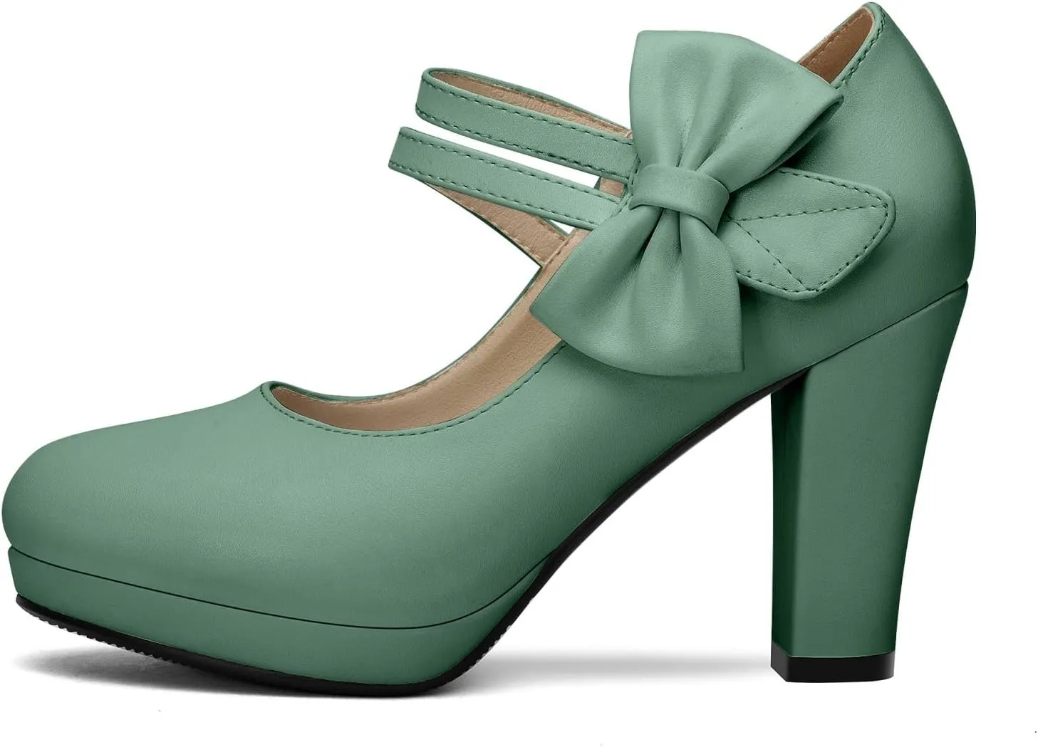 100FIXEO Chic Block High Heel Mary Jane Shoes Women Heels and Pumps Ladies Sweet Ankle Strap Dress Pumps Hook and Loop Bow Heels Closed Toe