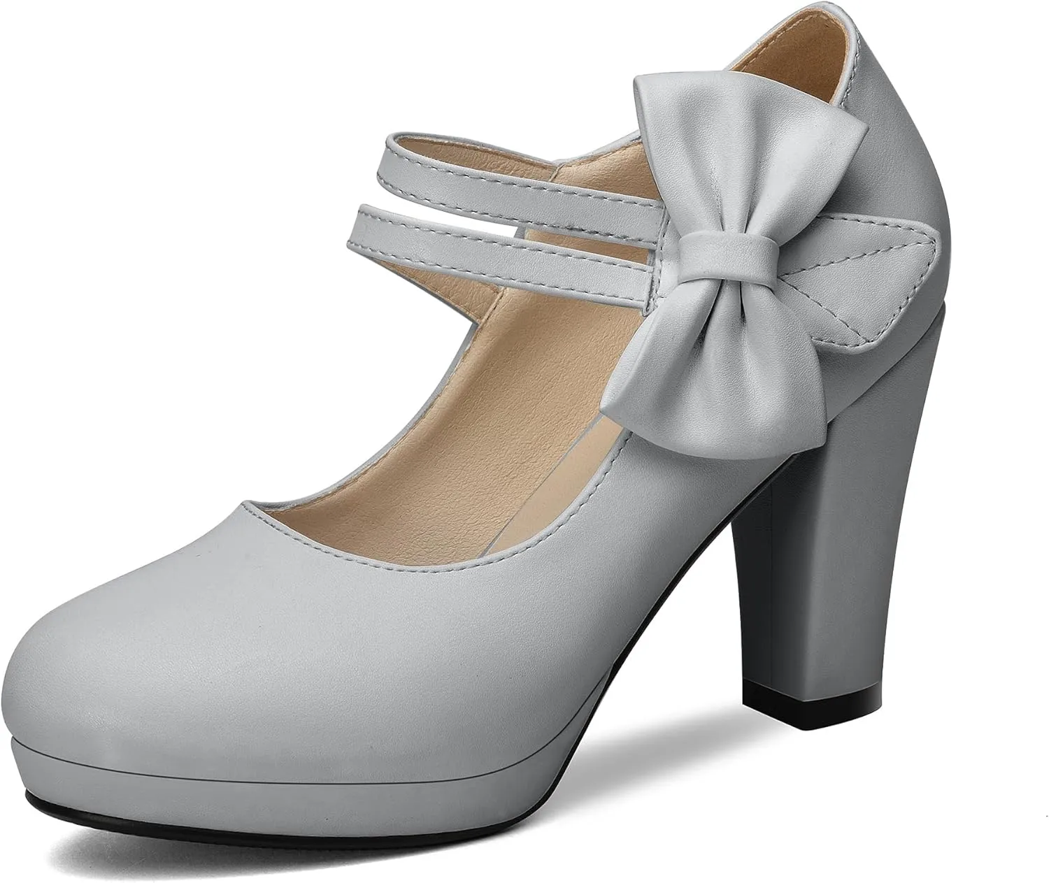 100FIXEO Chic Block High Heel Mary Jane Shoes Women Heels and Pumps Ladies Sweet Ankle Strap Dress Pumps Hook and Loop Bow Heels Closed Toe