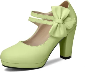 100FIXEO Chic Block High Heel Mary Jane Shoes Women Heels and Pumps Ladies Sweet Ankle Strap Dress Pumps Hook and Loop Bow Heels Closed Toe