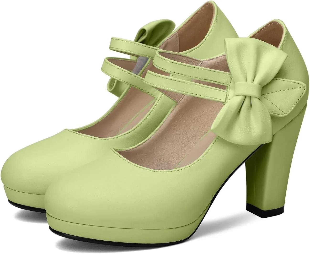 100FIXEO Chic Block High Heel Mary Jane Shoes Women Heels and Pumps Ladies Sweet Ankle Strap Dress Pumps Hook and Loop Bow Heels Closed Toe