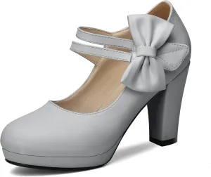 100FIXEO Chic Block High Heel Mary Jane Shoes Women Heels and Pumps Ladies Sweet Ankle Strap Dress Pumps Hook and Loop Bow Heels Closed Toe