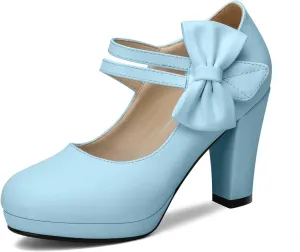 100FIXEO Chic Block High Heel Mary Jane Shoes Women Heels and Pumps Ladies Sweet Ankle Strap Dress Pumps Hook and Loop Bow Heels Closed Toe