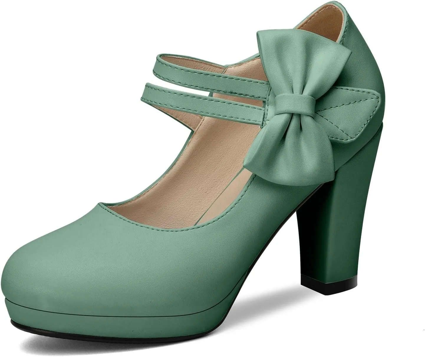 100FIXEO Chic Block High Heel Mary Jane Shoes Women Heels and Pumps Ladies Sweet Ankle Strap Dress Pumps Hook and Loop Bow Heels Closed Toe