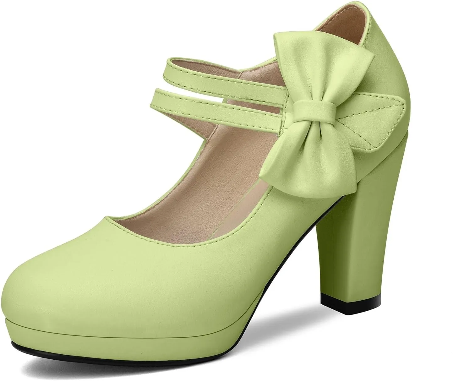 100FIXEO Chic Block High Heel Mary Jane Shoes Women Heels and Pumps Ladies Sweet Ankle Strap Dress Pumps Hook and Loop Bow Heels Closed Toe