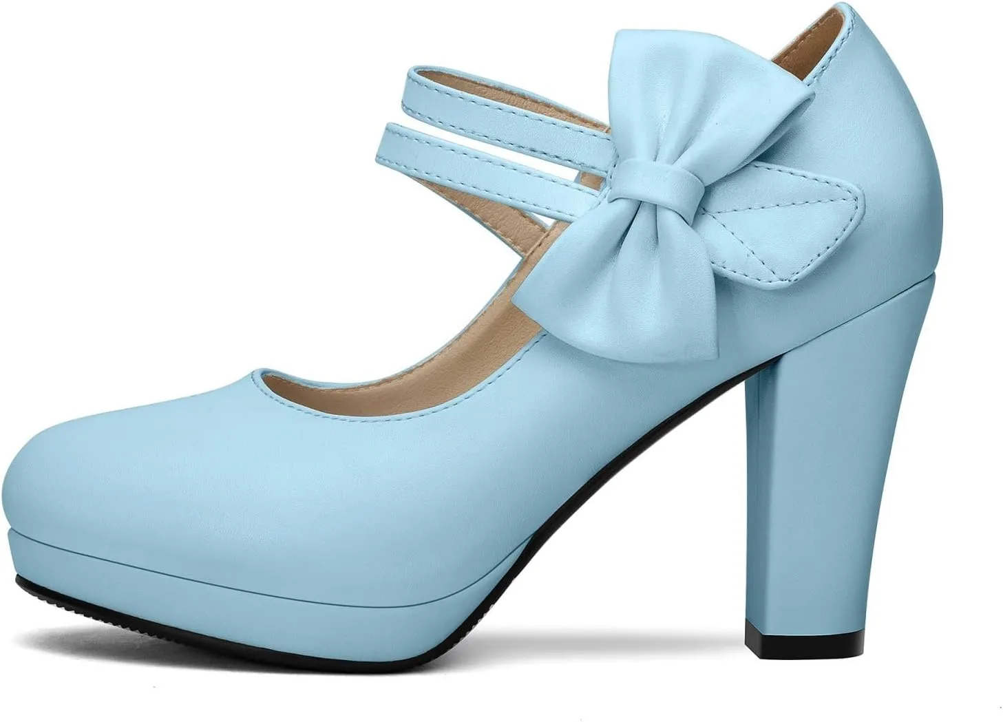 100FIXEO Chic Block High Heel Mary Jane Shoes Women Heels and Pumps Ladies Sweet Ankle Strap Dress Pumps Hook and Loop Bow Heels Closed Toe