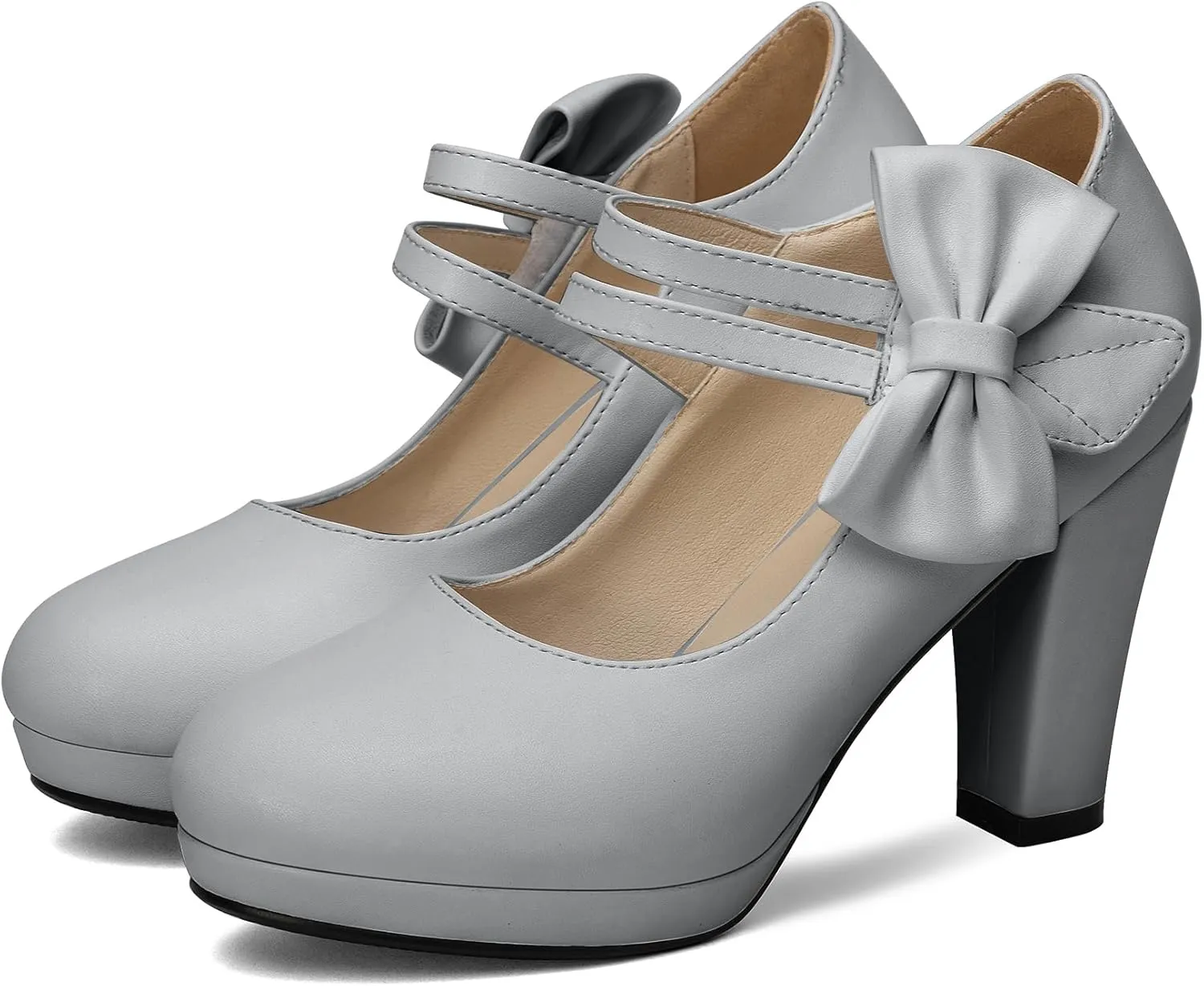 100FIXEO Chic Block High Heel Mary Jane Shoes Women Heels and Pumps Ladies Sweet Ankle Strap Dress Pumps Hook and Loop Bow Heels Closed Toe