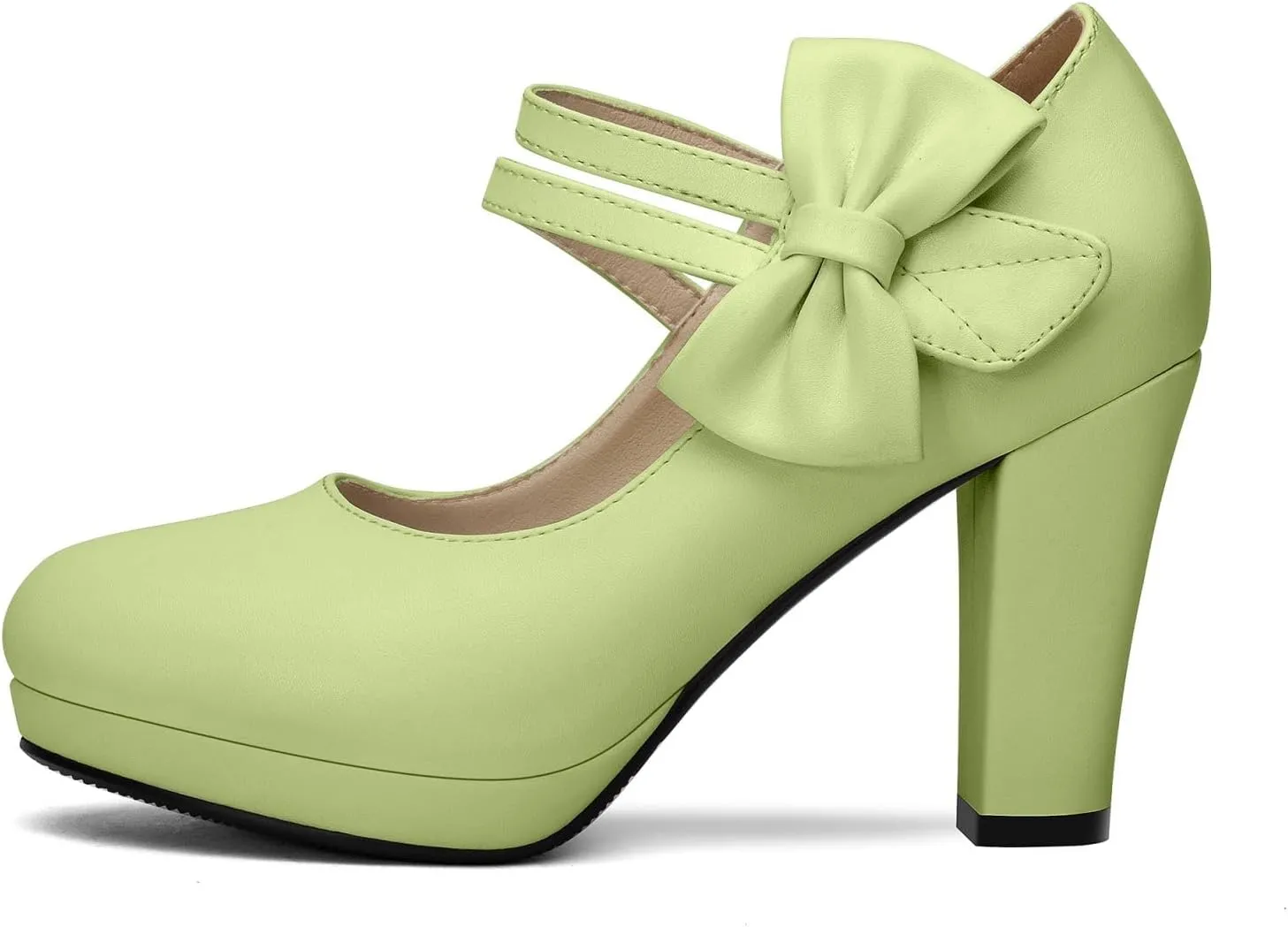100FIXEO Chic Block High Heel Mary Jane Shoes Women Heels and Pumps Ladies Sweet Ankle Strap Dress Pumps Hook and Loop Bow Heels Closed Toe