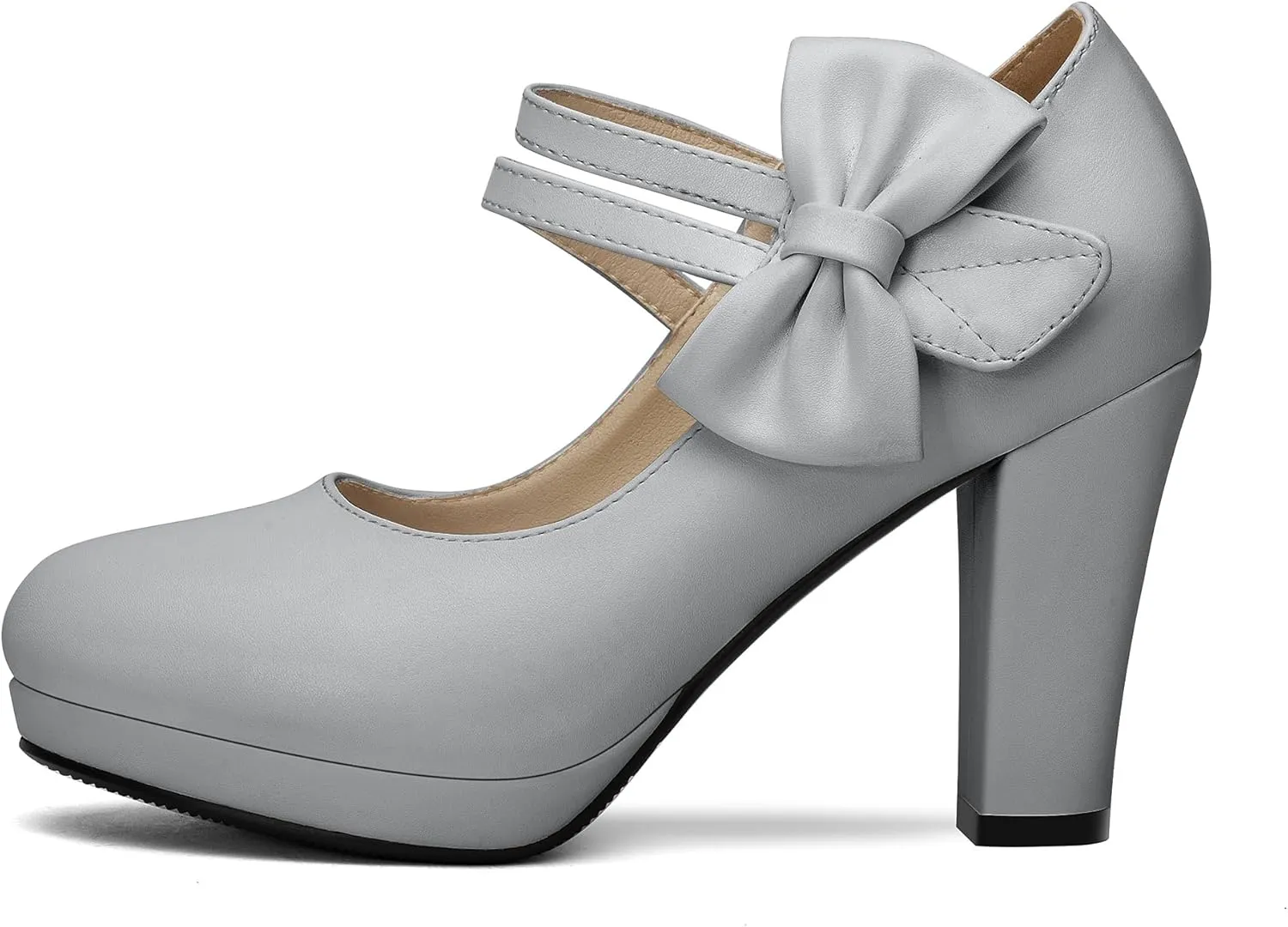 100FIXEO Chic Block High Heel Mary Jane Shoes Women Heels and Pumps Ladies Sweet Ankle Strap Dress Pumps Hook and Loop Bow Heels Closed Toe