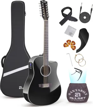 12 String Guitar Acoustic Electric | Full Size Guitar with Cutaway, Spruce Top Guitarra Acustica, AUX Strap, Strings, Pick | Fingerstyle Kit for Live Performance (Black)