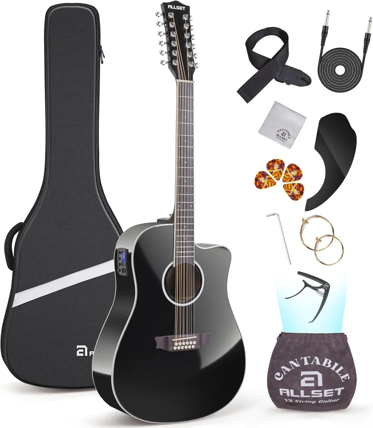 12 String Guitar Acoustic Electric | Full Size Guitar with Cutaway, Spruce Top Guitarra Acustica, AUX Strap, Strings, Pick | Fingerstyle Kit for Live Performance (Black)