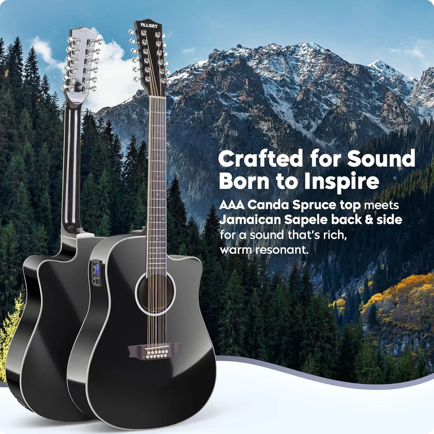 12 String Guitar Acoustic Electric | Full Size Guitar with Cutaway, Spruce Top Guitarra Acustica, AUX Strap, Strings, Pick | Fingerstyle Kit for Live Performance (Black)