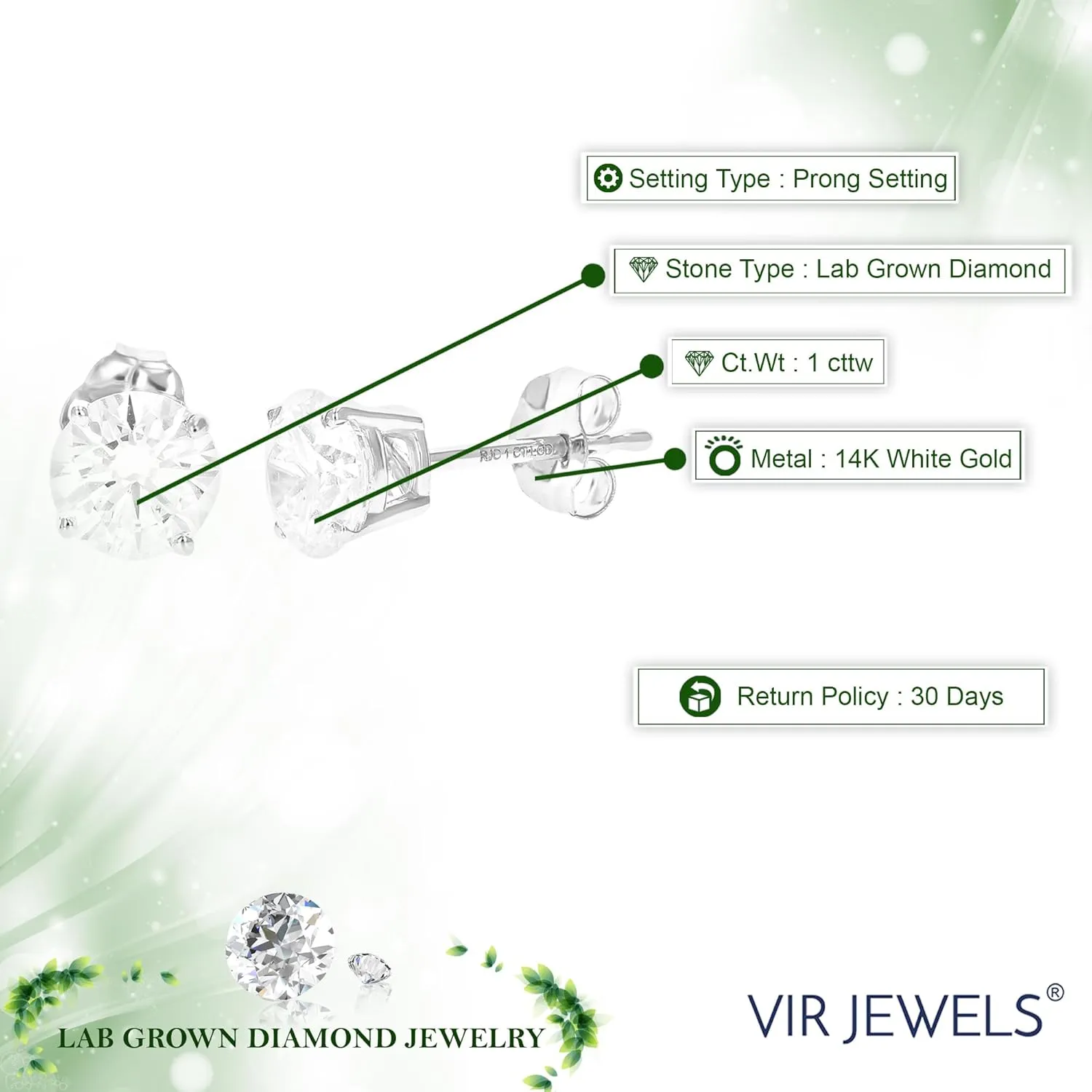 1/2 to 2 Carat Lab Grown Diamond Stud Earrings 14K White Gold VS1 Clarity for Women in Round Prong Set