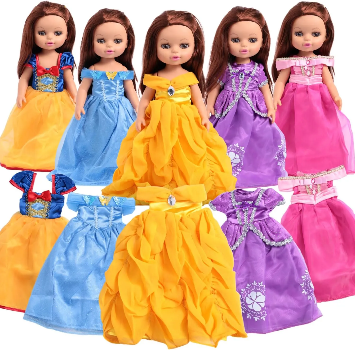 14-Inch Doll-Clothes Princess Dress - 5-Piece Fashion Outfit for 14" Dolls, Includes Snow White, Cinderella, Belle, Aurora, and Rapunzel Styles, Perfect for Playtime and Collecting