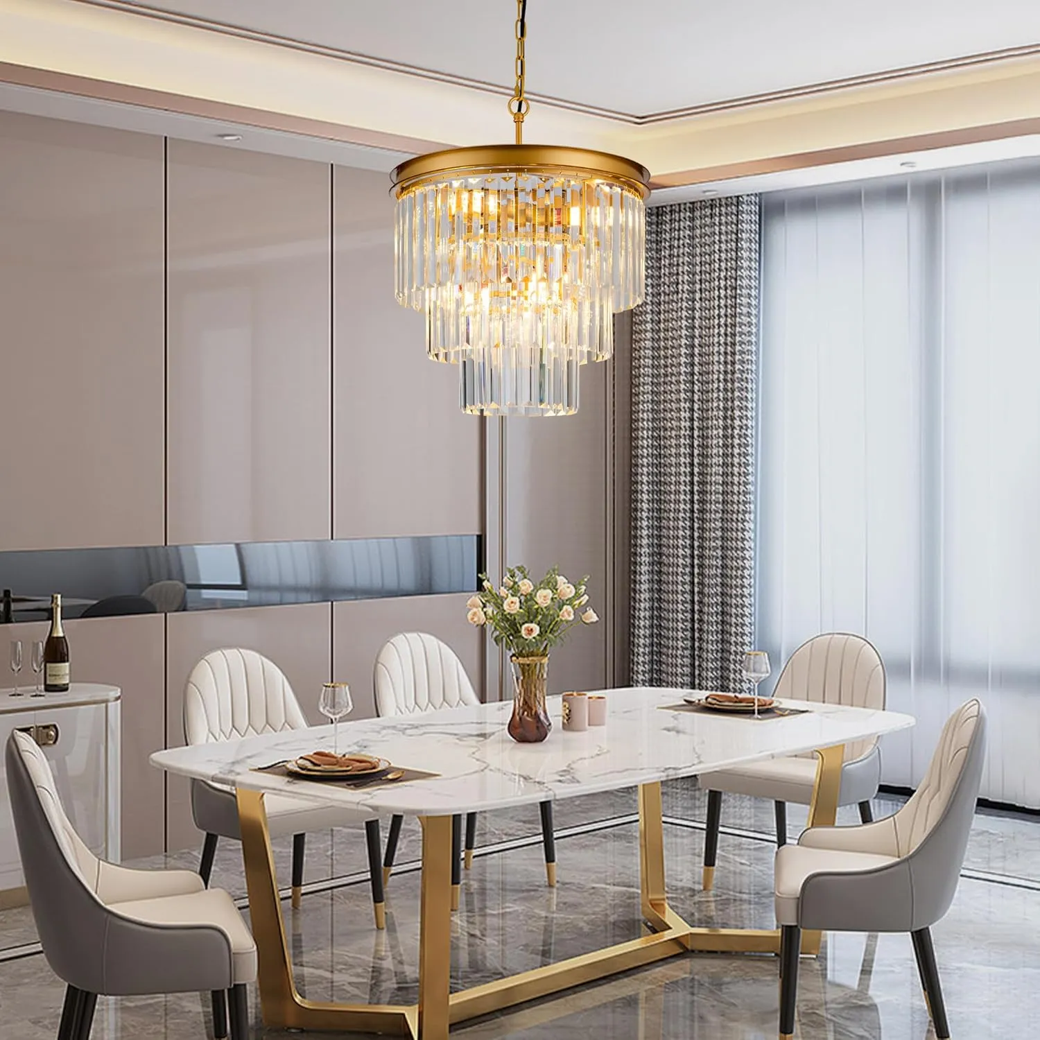 15.7" Gold Crystal Chandelier,Modern 3-Tier Crystal Pendant Lights 6-Light Luxury Hanging Ceiling Light Fixture for Hallway Dining Room Living Room Bedroom Kitchen Island Stairway
