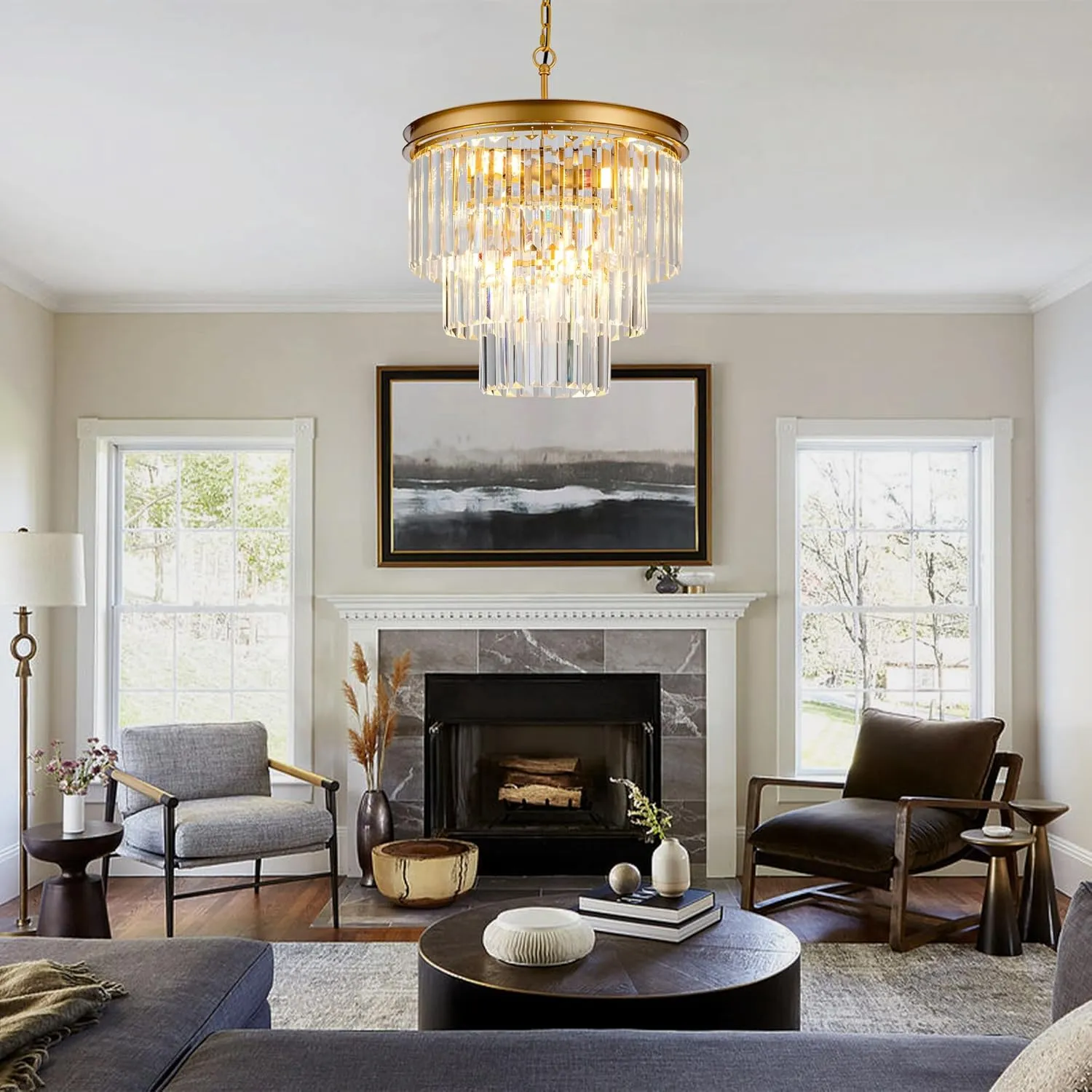 15.7" Gold Crystal Chandelier,Modern 3-Tier Crystal Pendant Lights 6-Light Luxury Hanging Ceiling Light Fixture for Hallway Dining Room Living Room Bedroom Kitchen Island Stairway