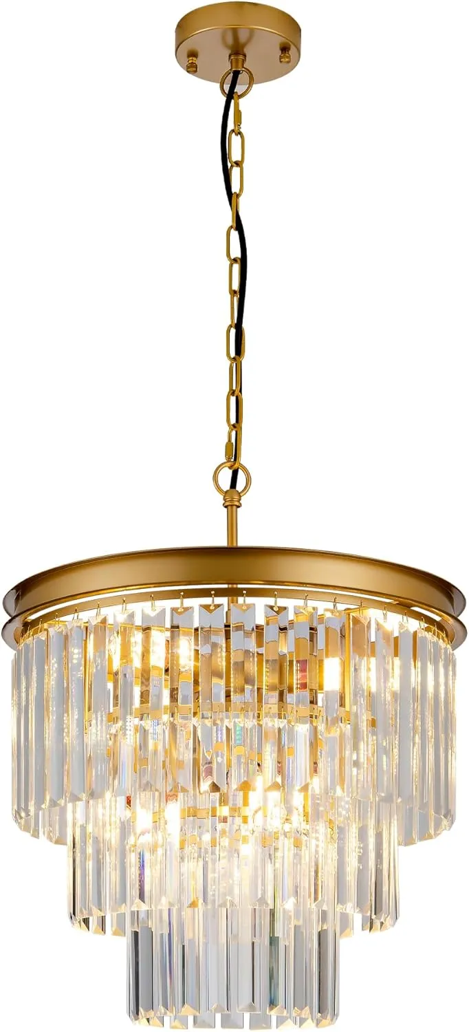15.7" Gold Crystal Chandelier,Modern 3-Tier Crystal Pendant Lights 6-Light Luxury Hanging Ceiling Light Fixture for Hallway Dining Room Living Room Bedroom Kitchen Island Stairway