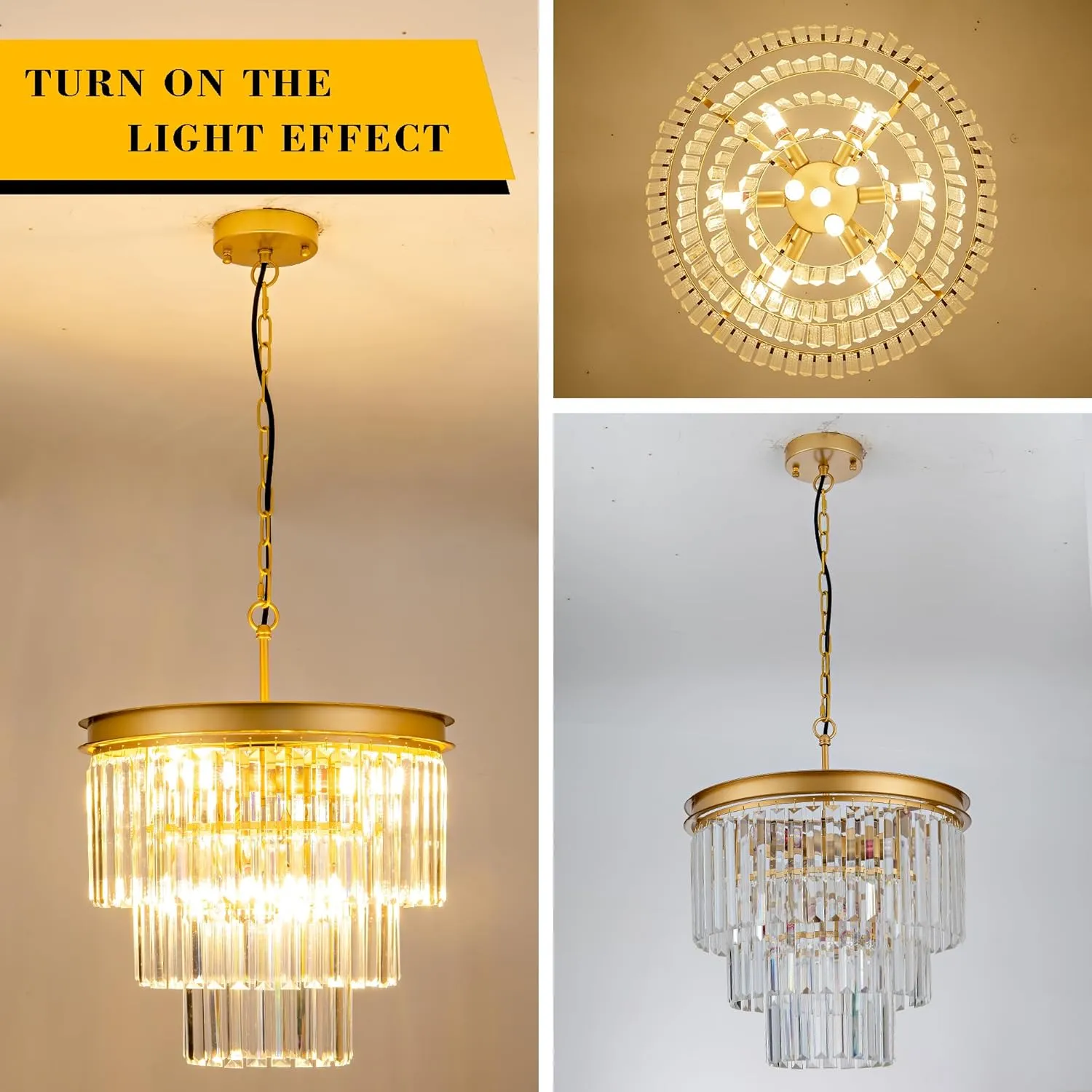 15.7" Gold Crystal Chandelier,Modern 3-Tier Crystal Pendant Lights 6-Light Luxury Hanging Ceiling Light Fixture for Hallway Dining Room Living Room Bedroom Kitchen Island Stairway