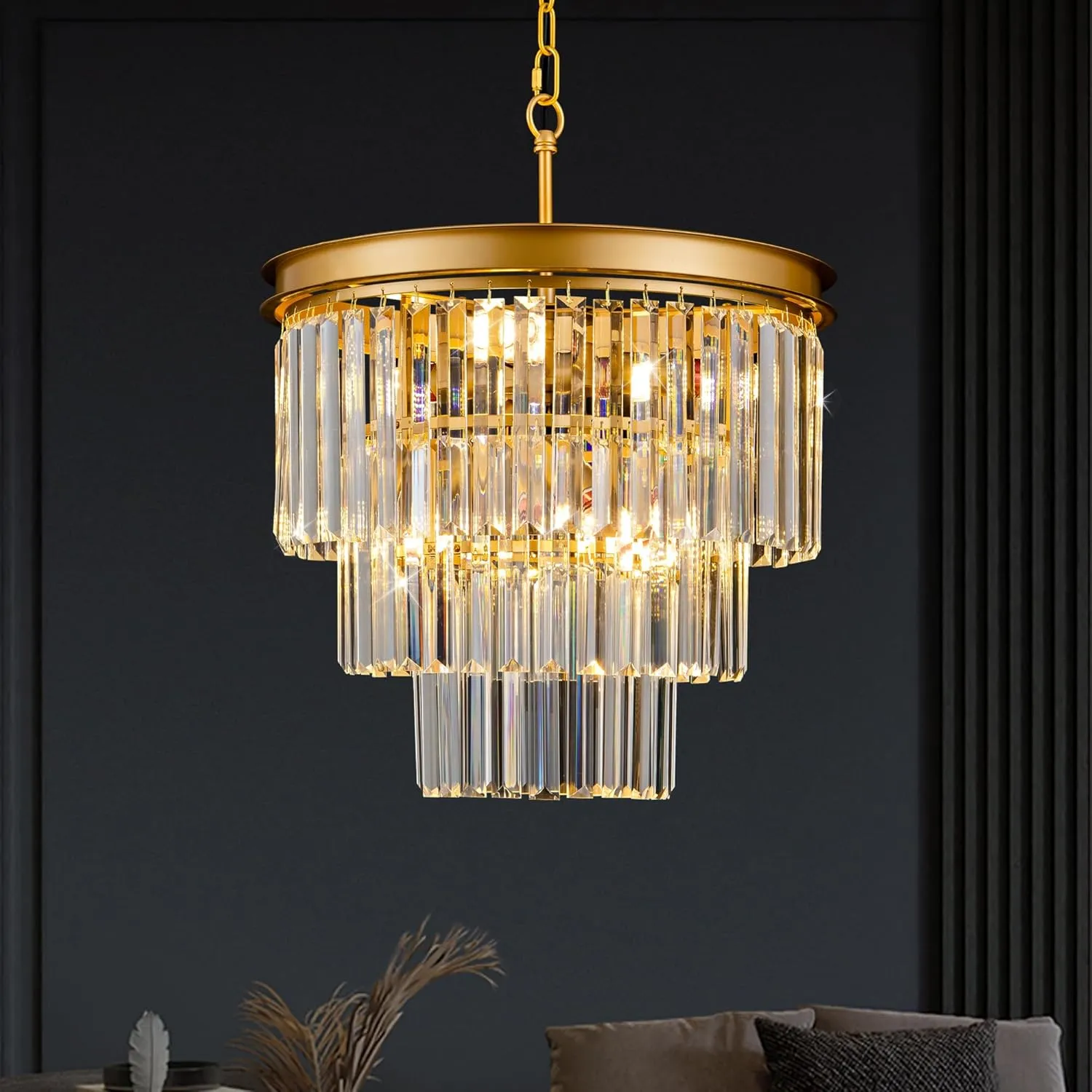 15.7" Gold Crystal Chandelier,Modern 3-Tier Crystal Pendant Lights 6-Light Luxury Hanging Ceiling Light Fixture for Hallway Dining Room Living Room Bedroom Kitchen Island Stairway
