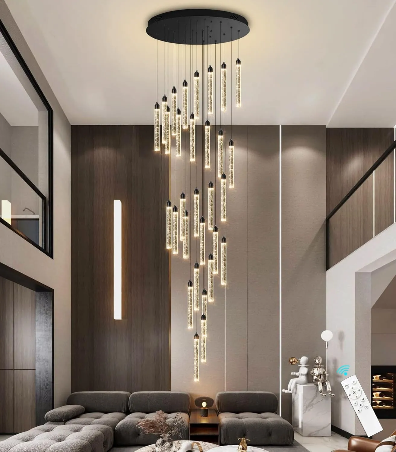 197" Long High Ceiling Chandelier 30-Lights Modern Bubble Crystal LED Light Fixture Dimmable Flush Mount Living Room Ceiling Pendant Light Staircase Foyer Entryway Dining Room Pendant Lighting