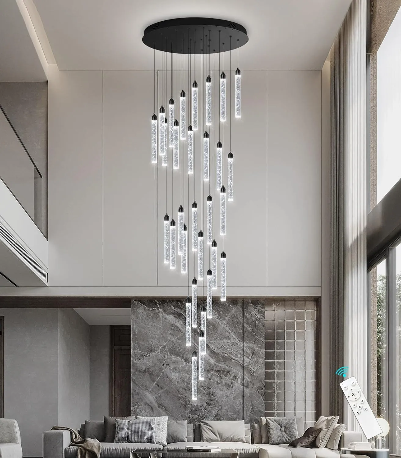 197" Long High Ceiling Chandelier 30-Lights Modern Bubble Crystal LED Light Fixture Dimmable Flush Mount Living Room Ceiling Pendant Light Staircase Foyer Entryway Dining Room Pendant Lighting