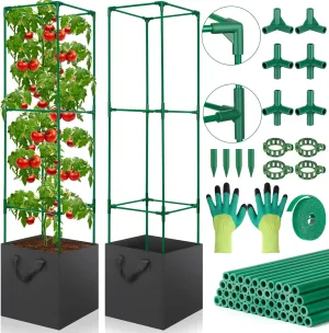 2 Pack Tomato Cages for Garden, 49 Inch Tall Tomato Cage with 7 Gallon Planter Bags, Plant Support Trellis Frames for Garden Cucumber Vegetables Plants Climbing Outdoor Indoor