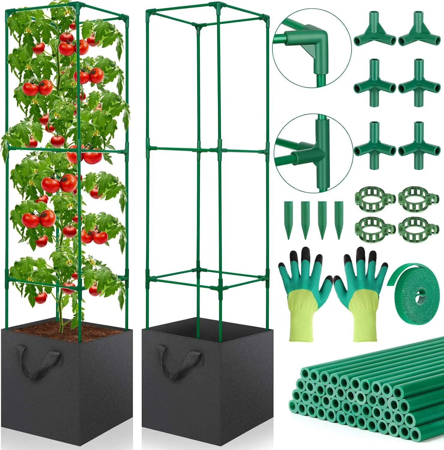 2 Pack Tomato Cages for Garden, 49 Inch Tall Tomato Cage with 7 Gallon Planter Bags, Plant Support Trellis Frames for Garden Cucumber Vegetables Plants Climbing Outdoor Indoor
