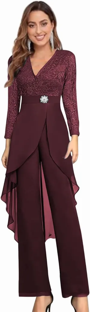 2 Piece Mother of The Bride Pant Suits for Women Lace Applique Chiffon Formal Outfits Long Sleeve Cocktail Party Dresses