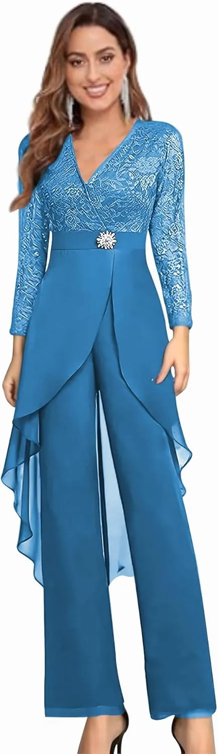 2 Piece Mother of The Bride Pant Suits for Women Lace Applique Chiffon Formal Outfits Long Sleeve Cocktail Party Dresses