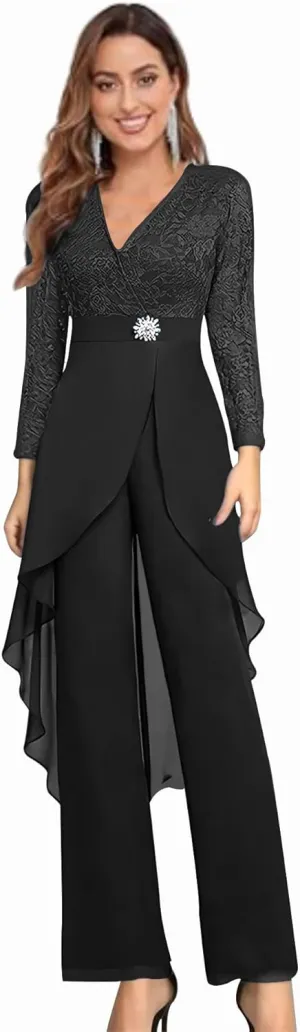 2 Piece Mother of The Bride Pant Suits for Women Lace Applique Chiffon Formal Outfits Long Sleeve Cocktail Party Dresses