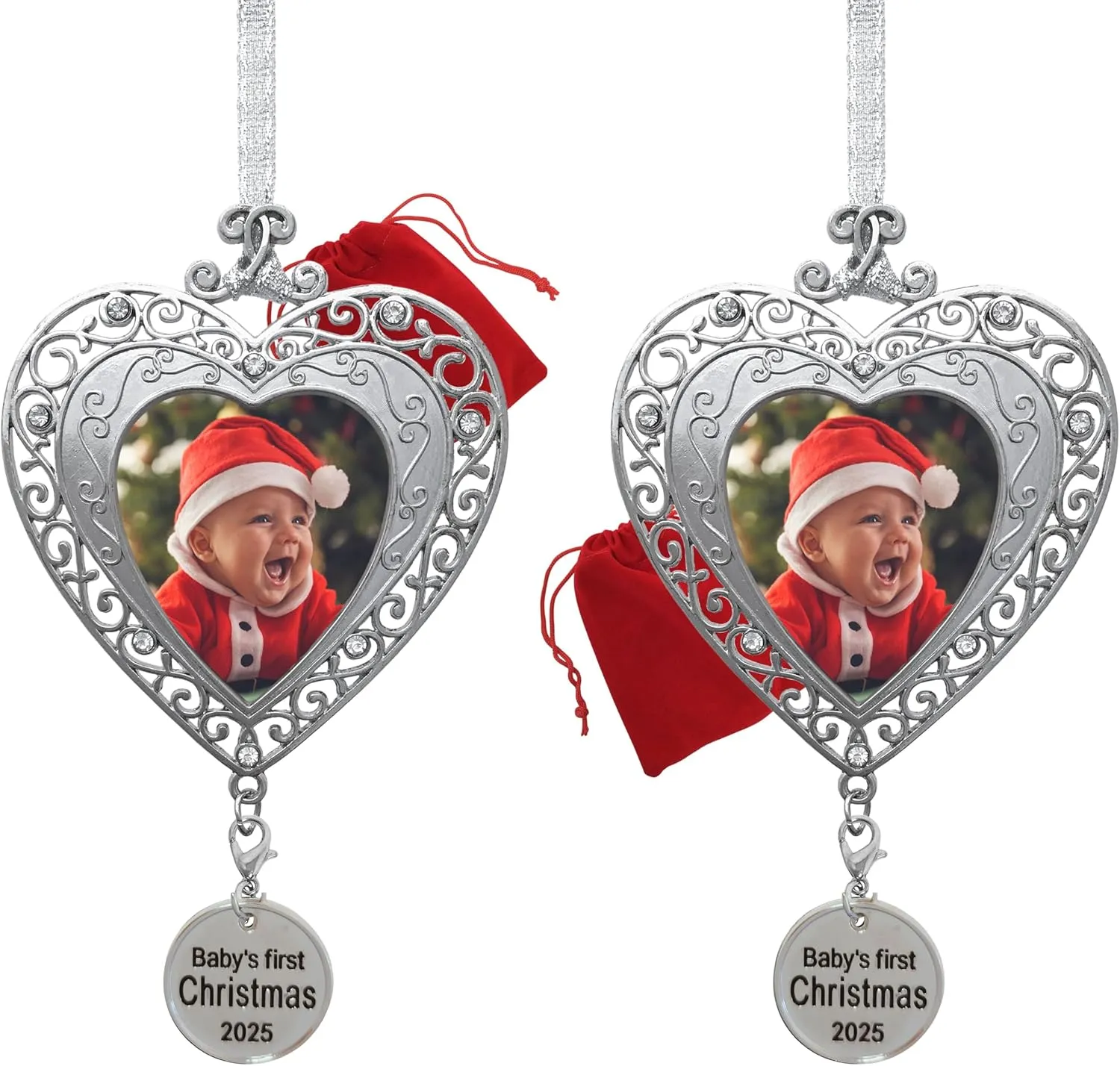 2025 Baby's First Christmas Photo Ornament - Set of 2 - Picture Ornaments for Newborn Babies - Filigree Heart Shaped - Baby Xmas Keepsakes - Gift/Storage Bag Included
