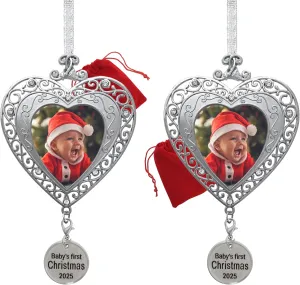 2025 Baby's First Christmas Photo Ornament - Set of 2 - Picture Ornaments for Newborn Babies - Filigree Heart Shaped - Baby Xmas Keepsakes - Gift/Storage Bag Included