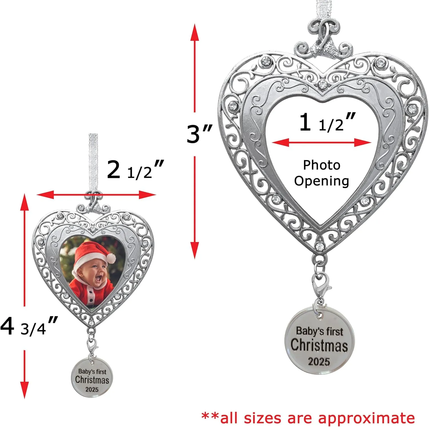 2025 Baby's First Christmas Photo Ornament - Set of 2 - Picture Ornaments for Newborn Babies - Filigree Heart Shaped - Baby Xmas Keepsakes - Gift/Storage Bag Included