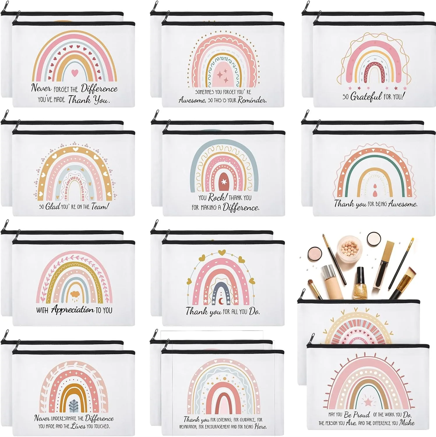 24 Pcs Rainbow Cosmetic Bags Motivational Quotes Makeup Bag Inspirational Makeup Pouch with Zipper Inspirational Gifts for Women Coin Purse for Teacher Graduation Birthday Party (Inspirational)