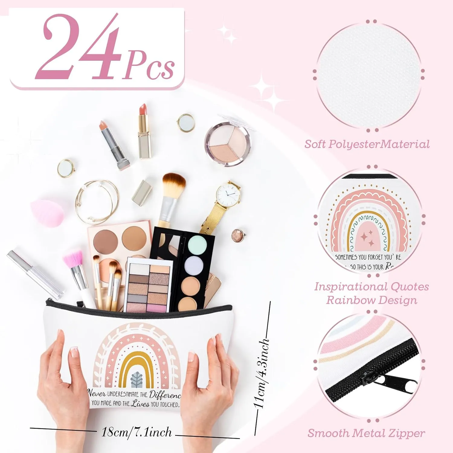 24 Pcs Rainbow Cosmetic Bags Motivational Quotes Makeup Bag Inspirational Makeup Pouch with Zipper Inspirational Gifts for Women Coin Purse for Teacher Graduation Birthday Party (Inspirational)