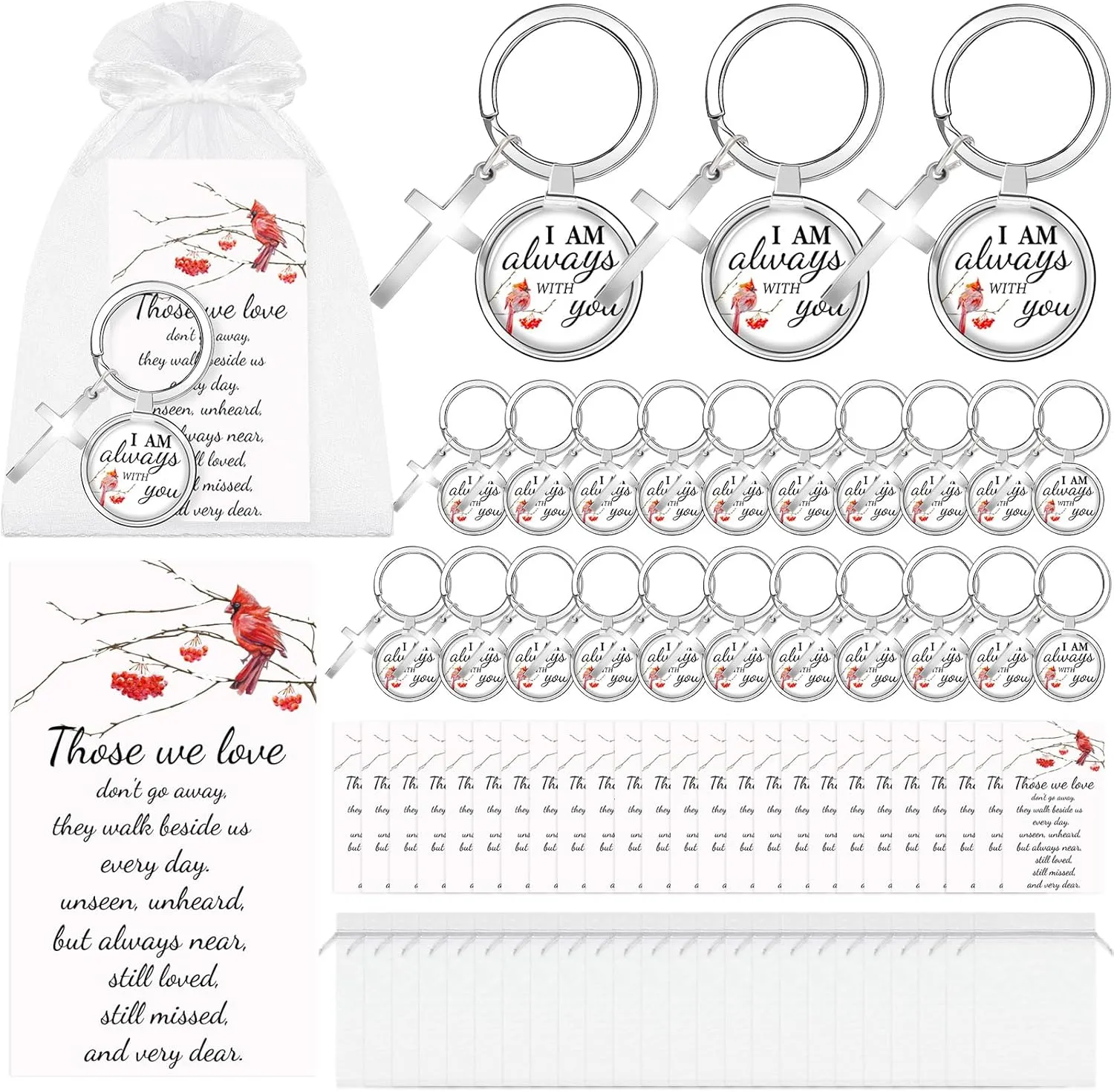 24 Sets Cardinal Key Ring Bulk Metal Red Bird Cardinal Keychain with Cross Funeral Favors I Am Always With You Grief Jewelry Memorial Key Ring with Cards Organza Bags