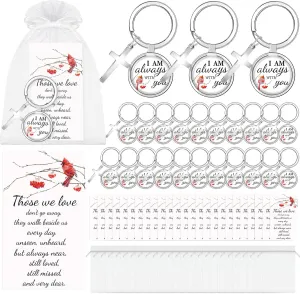 24 Sets Cardinal Key Ring Bulk Metal Red Bird Cardinal Keychain with Cross Funeral Favors I Am Always With You Grief Jewelry Memorial Key Ring with Cards Organza Bags