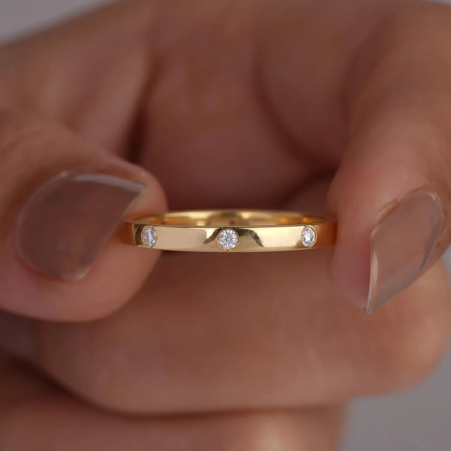 2.5MM Wide Flush Set Distance Cubic Zirconia or Moissanite Wedding Band for Women Modern Flat Dome Stacking Ring Dainty Minimalist Gypsy Ring Real Gold Eternity Rings for her Bridal Anniversary Band