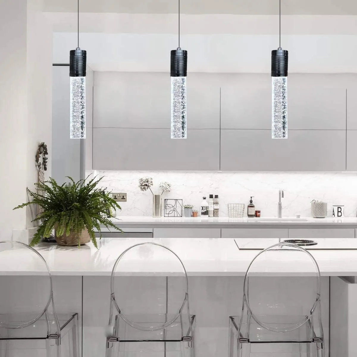 3 Lights Independent Kitchen Island Dining Room Lights Black Pendant Light Fixtures Linear Chandeliers 3 Pendant Lights for Kitchen Island Modern Pendant Light Fixtures, Day Light Bulbs Included