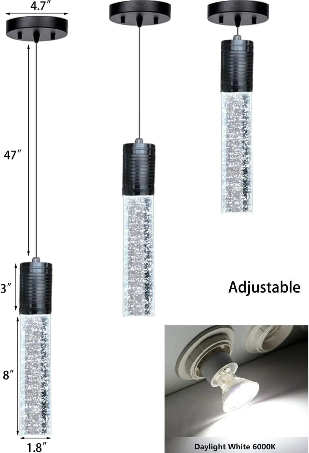 3 Lights Independent Kitchen Island Dining Room Lights Black Pendant Light Fixtures Linear Chandeliers 3 Pendant Lights for Kitchen Island Modern Pendant Light Fixtures, Day Light Bulbs Included