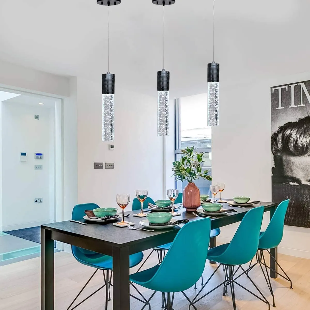 3 Lights Independent Kitchen Island Dining Room Lights Black Pendant Light Fixtures Linear Chandeliers 3 Pendant Lights for Kitchen Island Modern Pendant Light Fixtures, Day Light Bulbs Included