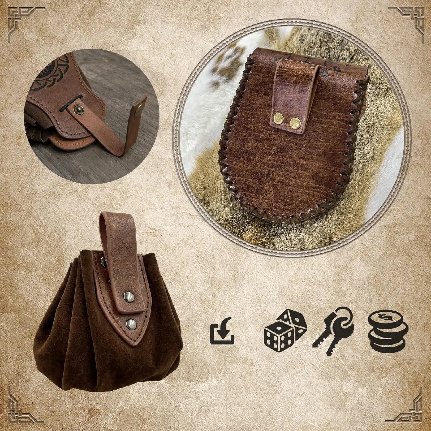 3 PCs Medieval Faux Leather Belt Bag Set, Renaissance Drawstring Pouch Dice Bag, Vintage Side Pack Coin Purse for LARP (Brown A)