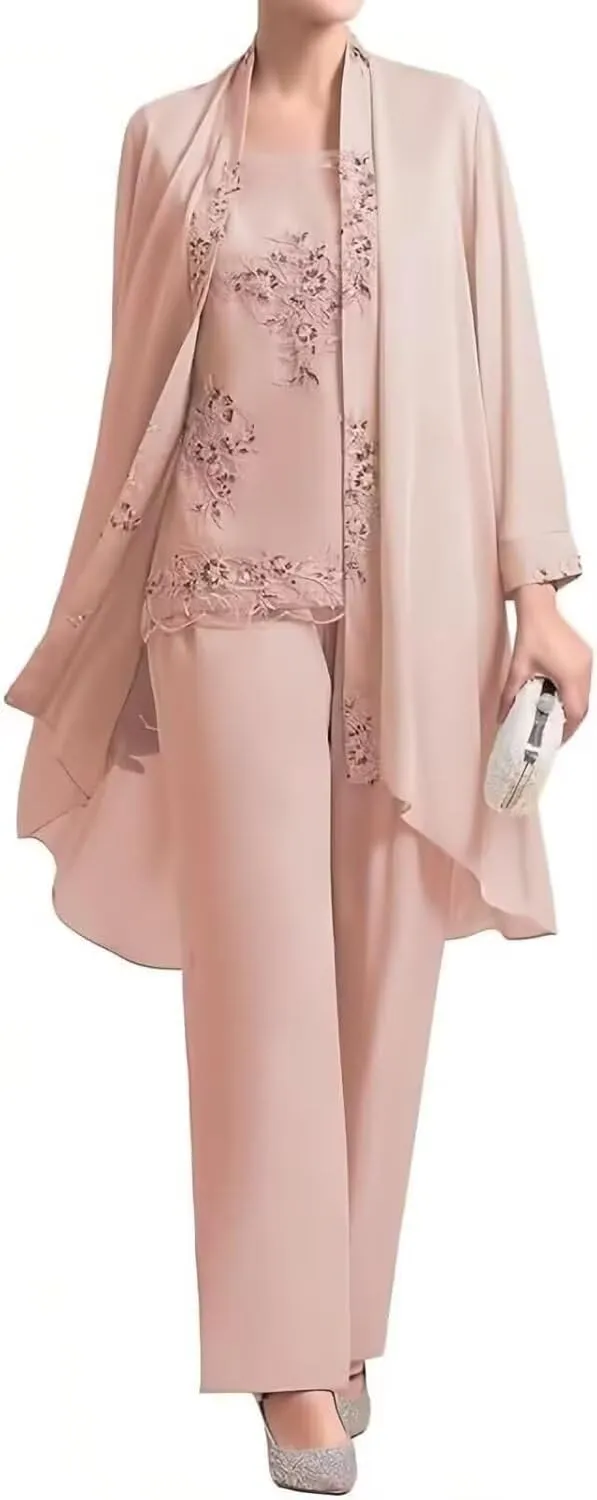 3 Piece Chiffon Mother of The Bride Pant Suits for Wedding Lace Applique Formal Outfits for Women Guest Long Sleeve