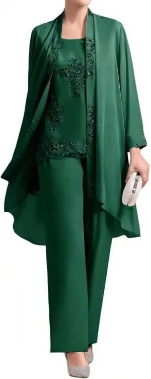3 Piece Chiffon Mother of The Bride Pant Suits for Wedding Lace Applique Formal Outfits for Women Guest Long Sleeve