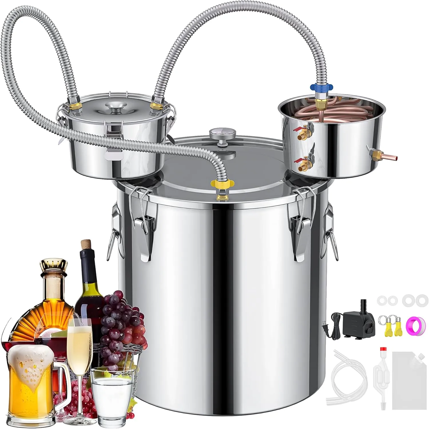 3 Pots 13.2Gal/50L Moonshine Still Kit Complete with Thumper and Condenser, Thermometer, Submersible Pump, Stainless Steel Alcohol Distiller Home Brewing Kit for DIY Whiskey Wine Brandy
